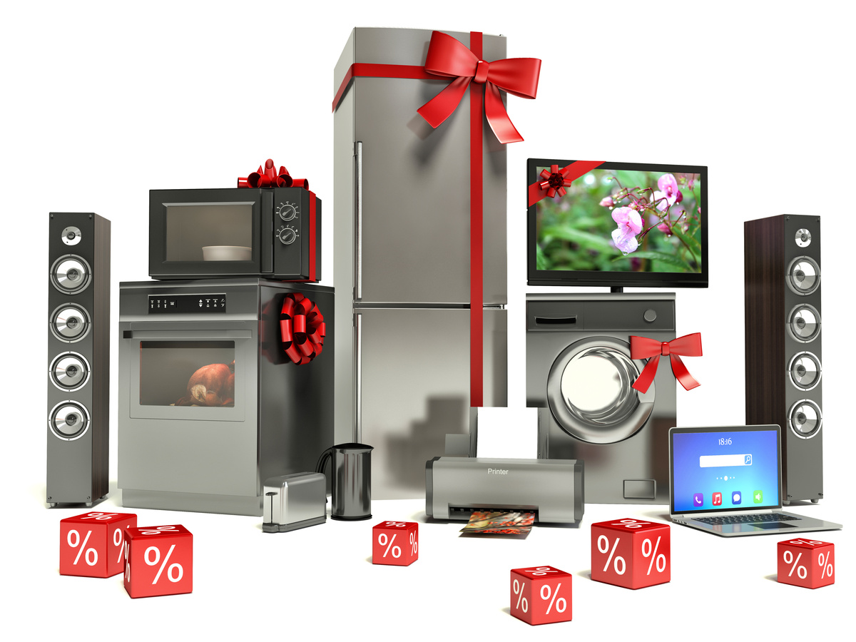 Home appliances with ribbons and discounts